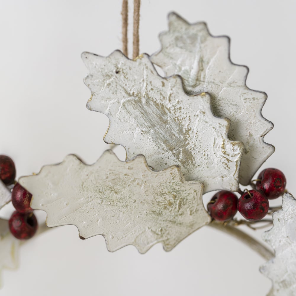 Holly Wreath Hanging Decoration White With Red Berries
